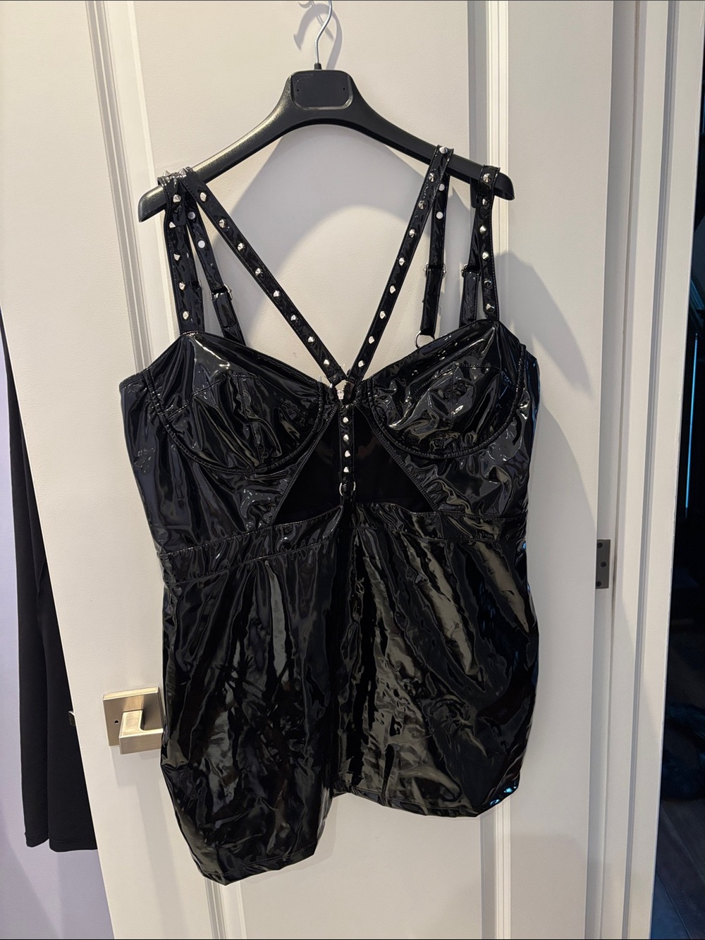 Shiny Black Patent Mini Dress with Studded Straps